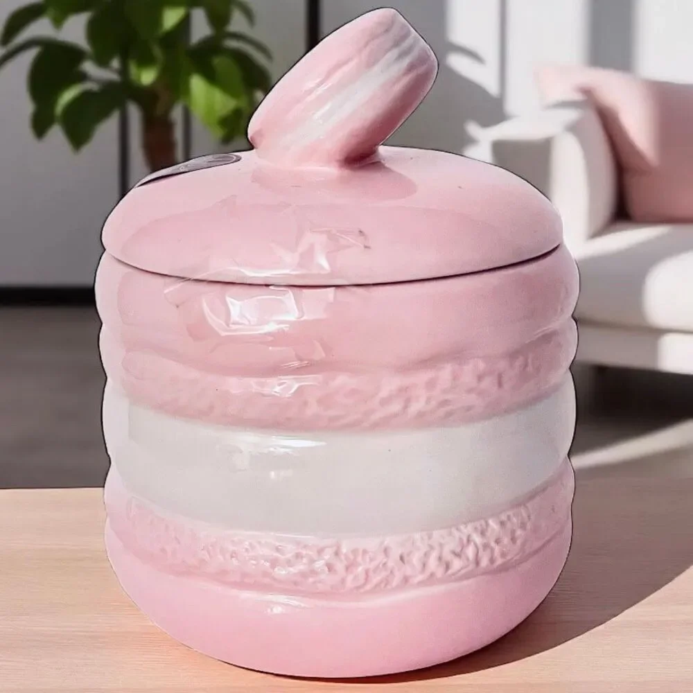 NWT LUNA & SAGE Gorgeous Macaron Pink White Glossy Ceramic 7”Canister Jar w Lid